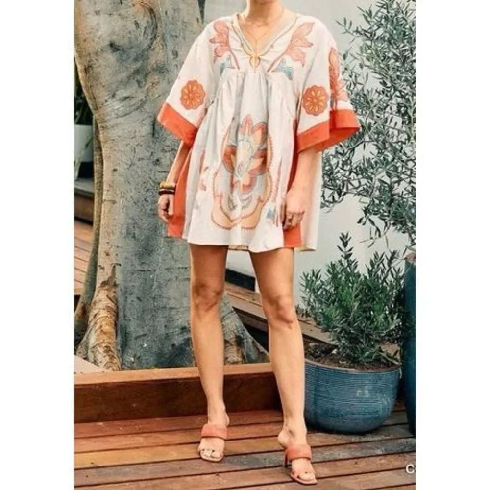 Umgee Womens Bohemian Embroidered Coral Flutter Sleeve Dress Sz Small NEW